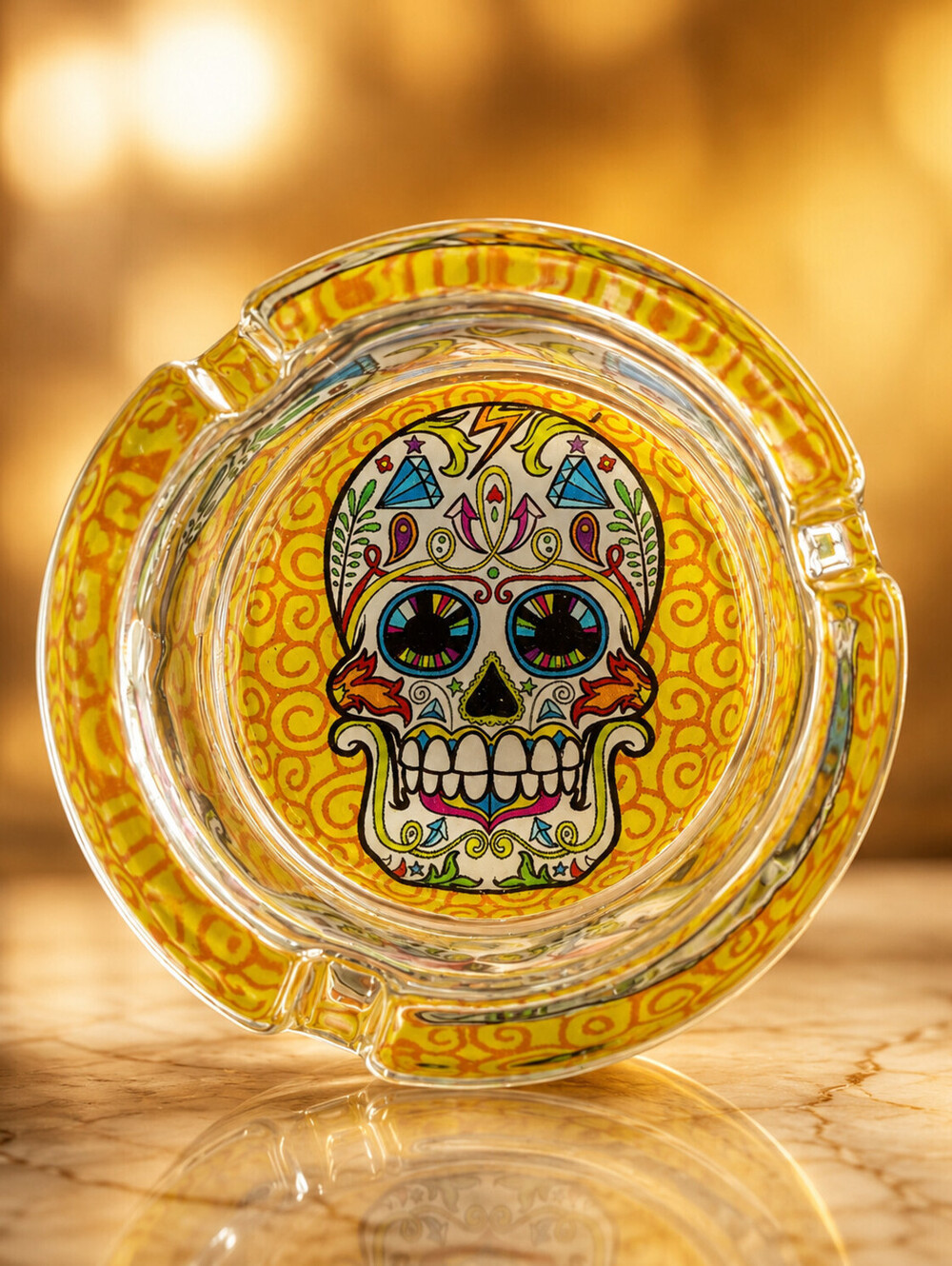Ashtray Heavy Glass 3.25" Round - Sugar Skull-Yellow